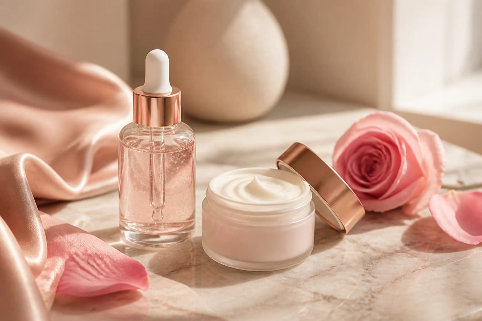 Soft skincare essentials arranged with rose petals